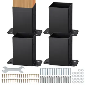 VEVOR 4x4 Post Base 4 Pcs, Inner Size 3.6x3.6 Post Base Brackets, Heavy Duty Powder-Coated Post Anchor Matte Black Wood Post Brackets for Pavilion Deck Railing Support Deck Base Plate