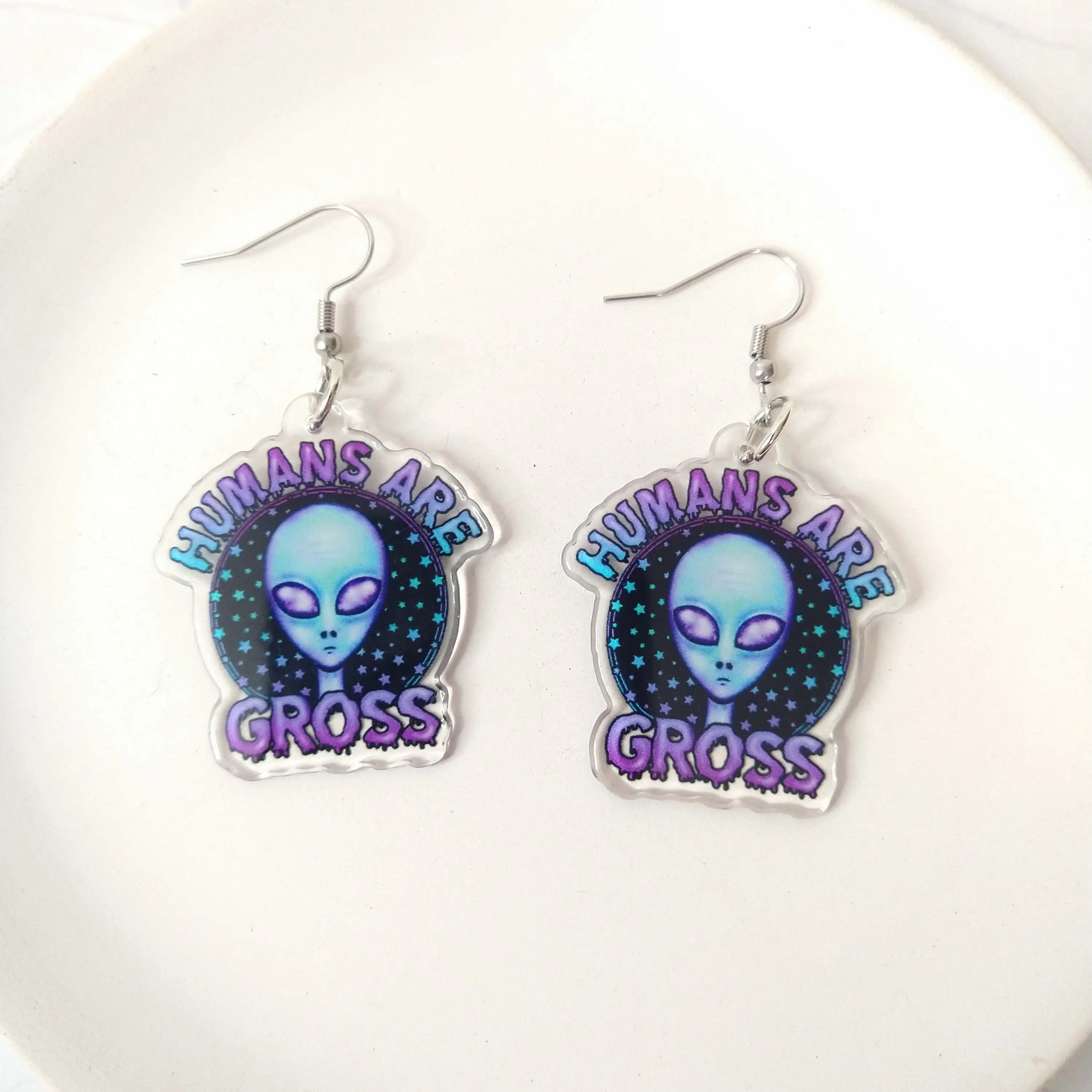 #653 Blue & Purple Alien with "Humans Are Gross" Earrings- Stainless Steel Hooks- Casual Space UFO Jewelry