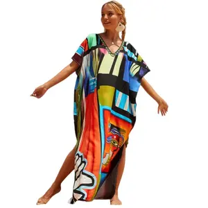 Plus Size Mumu Dresses for Women - Boho Batwing Sleeve Caftan with Side Slits, Long Moo Moo Nightgown & Beach Cover Up - color block