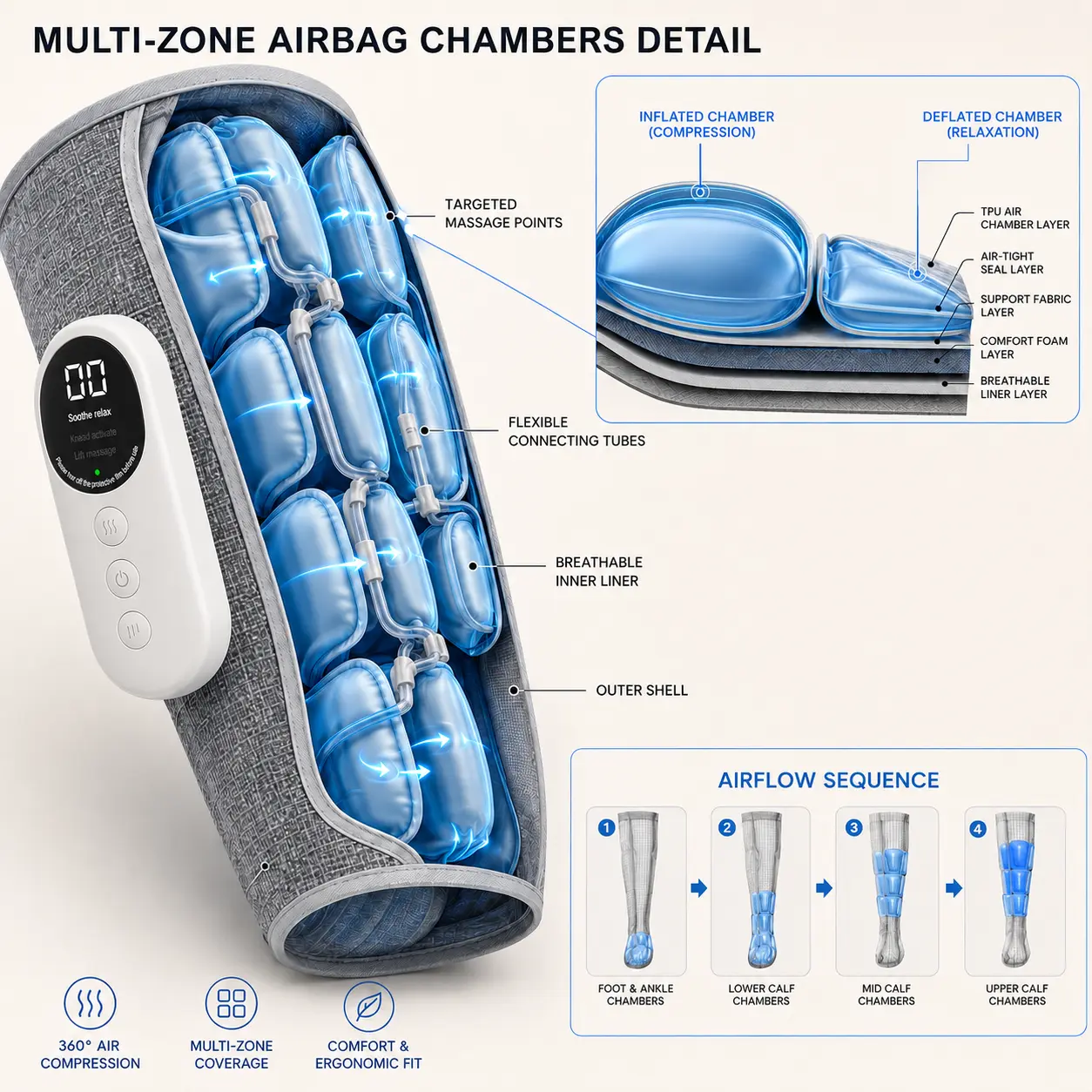 Multi zone airbag chamber details inside calf massager