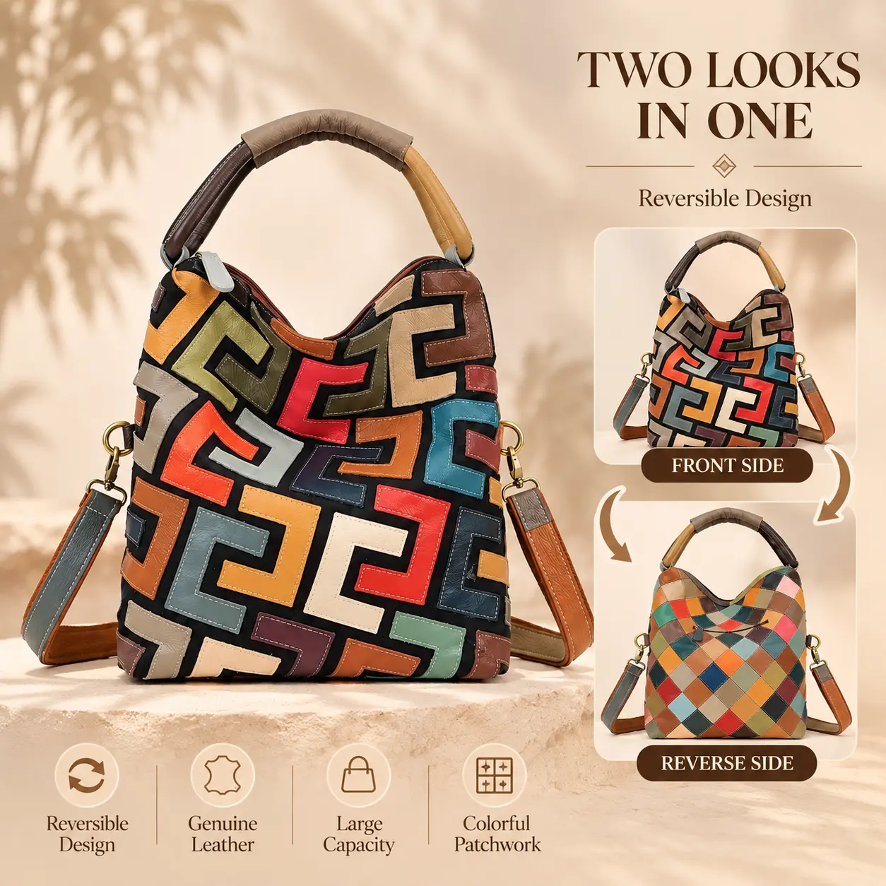 Women's Genuine Cowhide Leather Dual-Look Tote Bag - Artistic Patchwork Colorblock Geometric Pattern, 3-in-1 Commuter Crossbody Strap, Stylish Versatile Handbags for Work & Daily Use, Stylish Versatile Bag