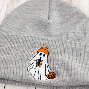 Spooky Ghost Beanie, Halloween Embroidered Hat
