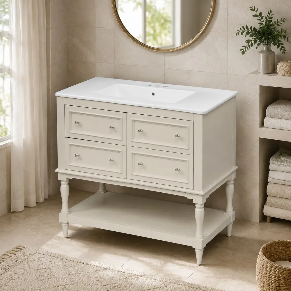 Littleox 36" Bathroom Vanity Cabinet with Sink Combo Set, Undermount Ceramic Sink, Free Standing Vanity Set with 4 Drawers, Solid Wood Frame Bathroom Cabinet, Beige