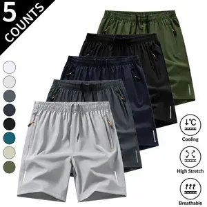 5-Pack, Men's Solid Color Zipper Pocket Shorts - Summer Casual Comfortable Breathable Three-Quarter Pants, Men's Everyday Bottoms, Tropical Beige, 5-Pack SpringStatements Clothes Clothes Menswear Plain Athletic Elastic Quick-Dry Set