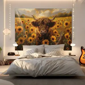 Highland Cow Sunflower Field Tapestry, Rustic Farmhouse Wall Hanging, Soft Oil Painting Style, Perfect for Bedroom & Living Room Decor