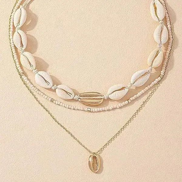 Gift B Layered Cowrie Shell Necklace for Women Lightweight Beachy Necklace for Vacation & Summer Beach Outfits, Sea Shell Jewelry for Beach Wear stud earring bracelet men tarnish proof