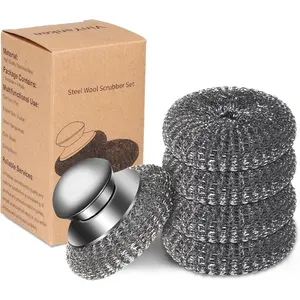 5 count Steel   with Replacement Wire Sponge Pads Set, Stainless Steel  with Handle for Scouring Stubborn Messes from Cast Iron, Pots, Pans, Grill, Stoves, Sink(1 +4 Pads)