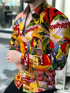 Men's Summer Tropical Parrot Palm Tree 'It's 5 O'Clock Somewhere' Beach Print Long Sleeve Shirt