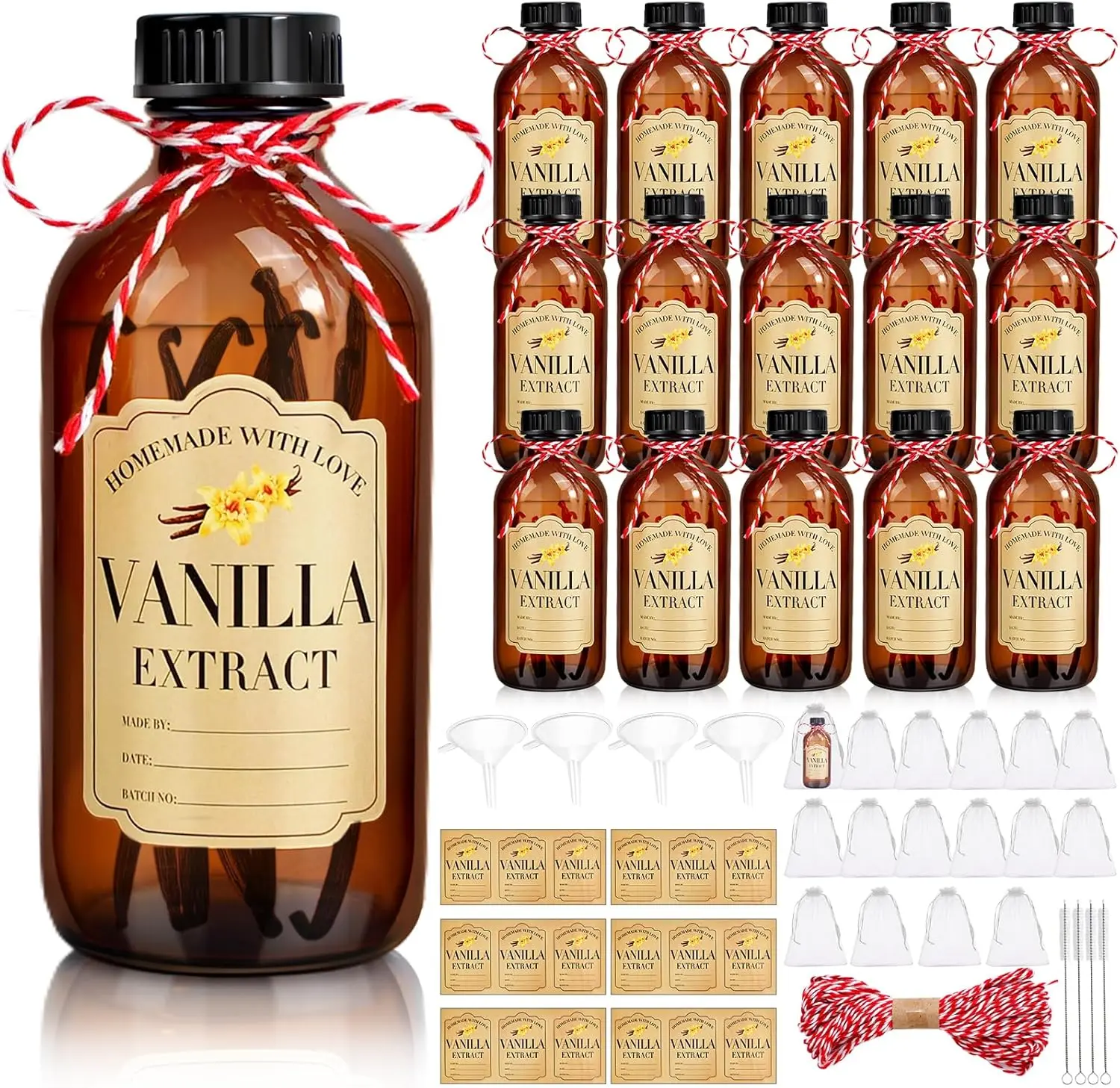 16 count 8 oz  Glass Bottle Boston Round Bottles for Vanilla Extract Homemade,Brown Vanilla Extract Bottles with Caps for Syrup  Glass  Storage Canister and Sauce Beans