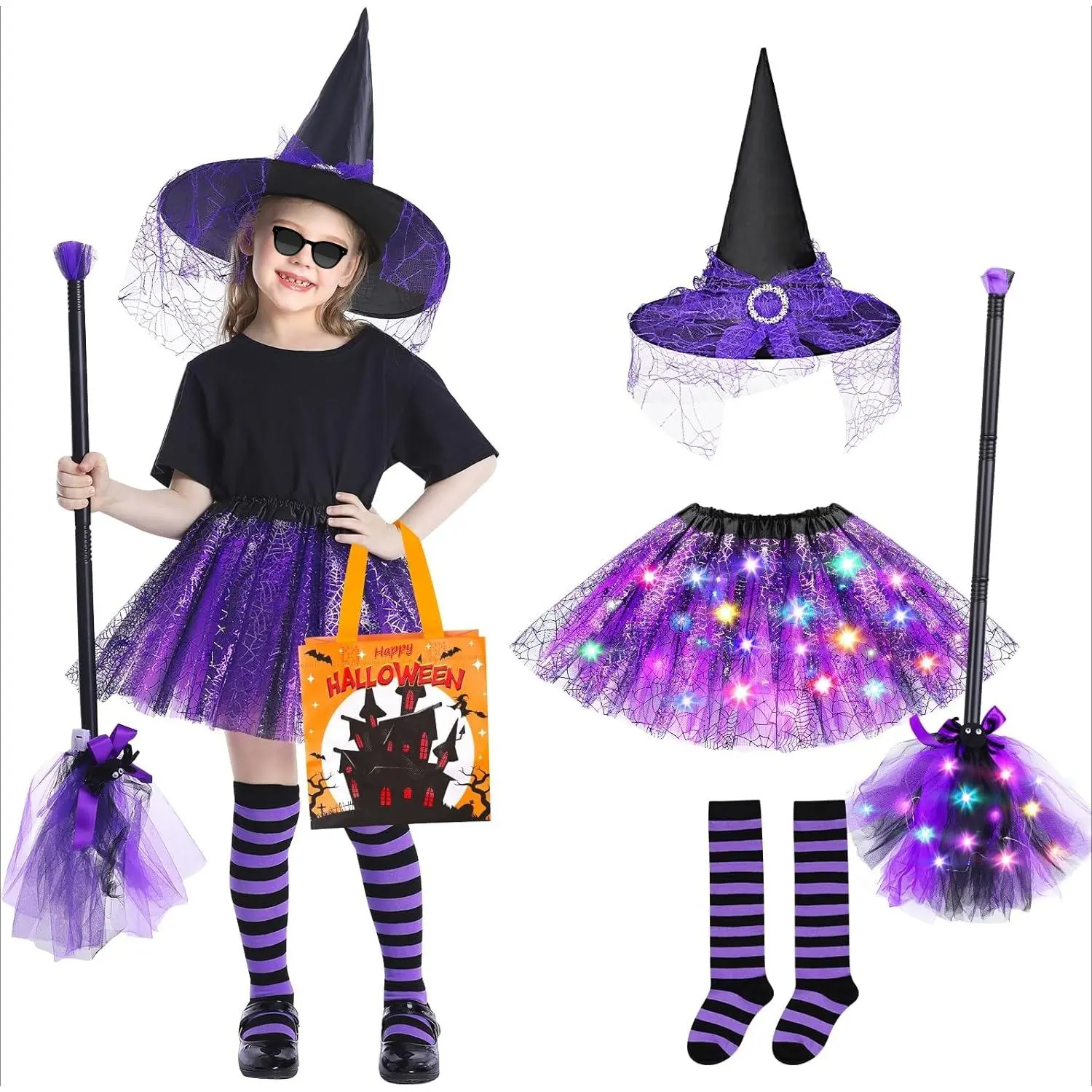 Girls Light Up Witch Costume, 5-Piece Tutu Dress with Elastic Waist & Spider Web Print, Includes LED Broom, Hat & Trick or Treat Bag for Halloween, Led Lights
