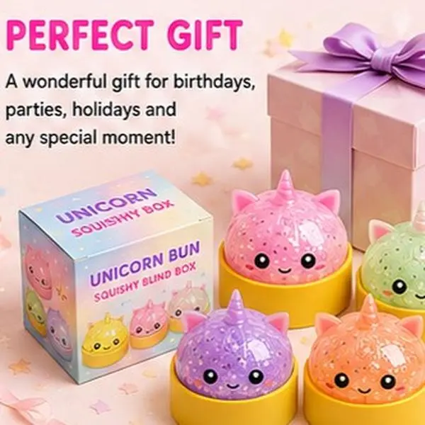 Exclusive Special Edition Unicorn Bun Squishy!!!Super Value Deal! Glitter Squishy Unicorn Dumpling Toy with Steamer Box, Soft Sparkly Stress Relief Fidget Toy for Kids &Adults,Perfect Gift for All Festival and Holidays.
