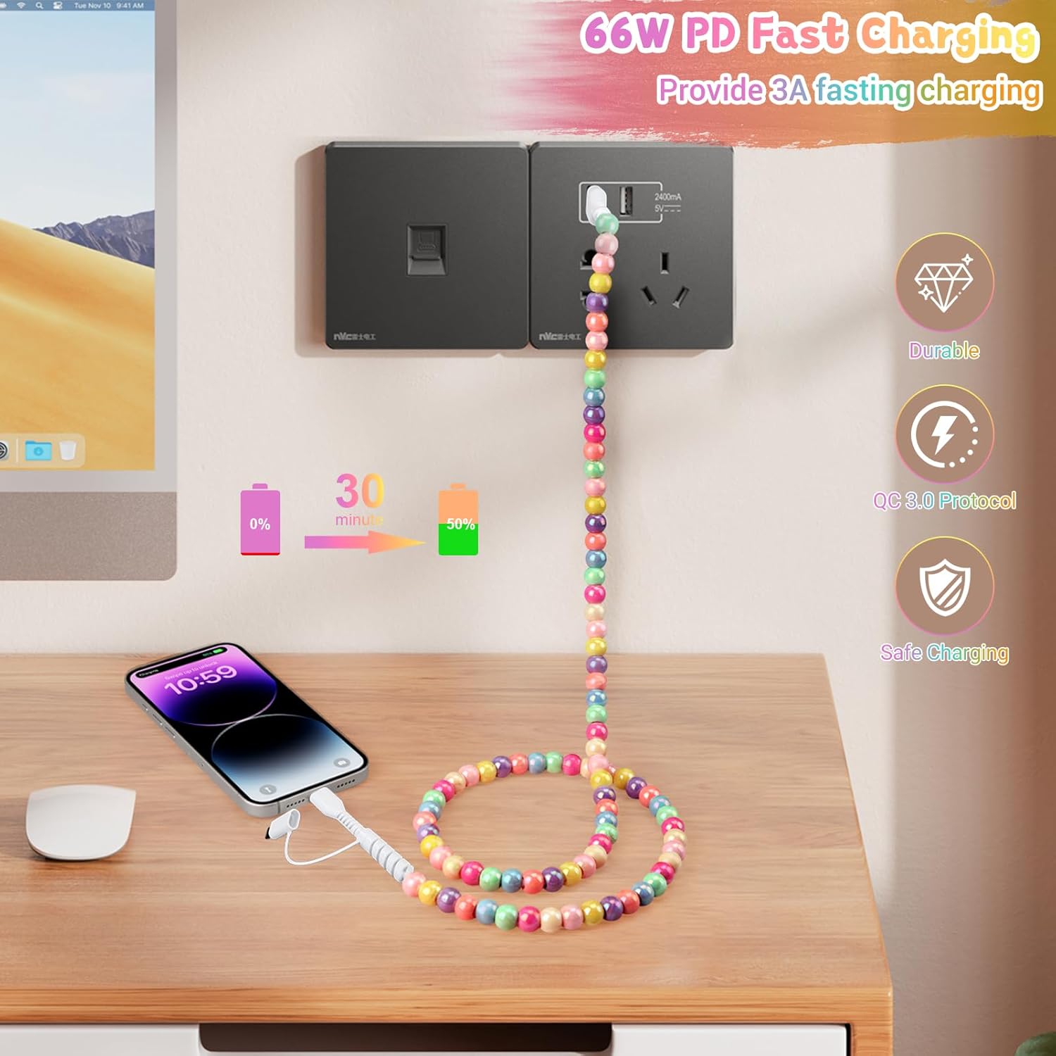 1/2 PCS Beaded-Decorated Charging Cable 2-in-1 USB-C & Lightning 3.3ft Fast Charger Cord for Women Colorful Beaded Design for iPhone Charger USB Type C Charger Cable 1/2 PCS Beaded-Decorated Charging Cable 2-in-1 USB-C & Lightning 3.3ft Fast Charger Cord for Women Colorful Beaded Design for iPhone Charger USB Type C Charger Cable