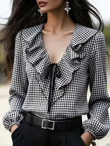 Plaid Bow Tie Shirt, V Neck Long Sleeve Loose Fit, Casual & Commuter Wear, Spring Summer Blouse