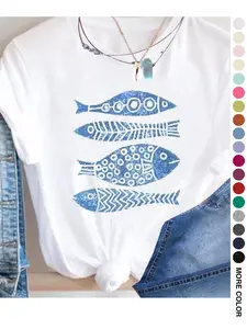 Casual Women's T-Shirt    Fish Geometric Graphic Print  Round Neck Short Sleeve Printed Top    2-Way Layering/Solo Wear  Spring Summer & Year-Round Commute-Ready Womenswear