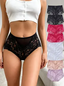 DORSU 8PCS Women Sexy Lace Panties Solid Color High Waist Comfortable Underwear Set Fashion See-through Christmas Style Girl Gift