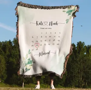 Wedding Date Anniversary Blanket, Cotton Anniversary Gift For Him Her, Wedding Blanket Personalized First Year Wedding Gifts Couple Woven