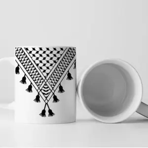 Palestine Kufiya MUG - White Ceramic Mug with Black and White Kufiya Pattern and Tassels