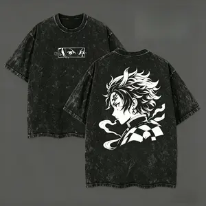 100% pure cotton, double-sided anime print vintage washed T-shirt, unisex oversized anime manga washed heavy cotton T-shirt, a gift for anime fans and anime enthusiasts