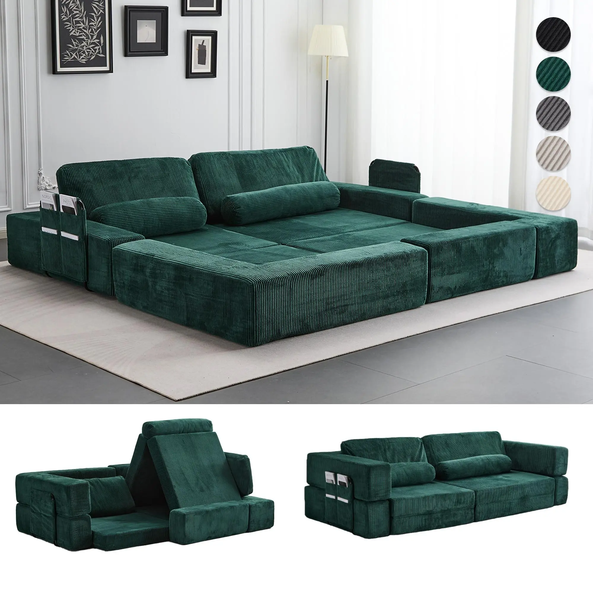 Convertible Modular Blocks Sofa Bed, Modern Sectional Couch with Fixed Frame, Velvet Curdory for Living Room and Bedroom, Suitable for Adults Children Pets, DIY Home Decor, Colors:Green/Dark grey/Black