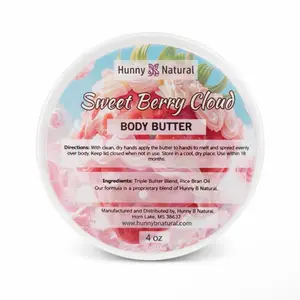 Hunny B Natural Sweet Berry Cloud Body Butter 4 oz Triple Butter Blend Rice Bran Oil for Dry Skin Care