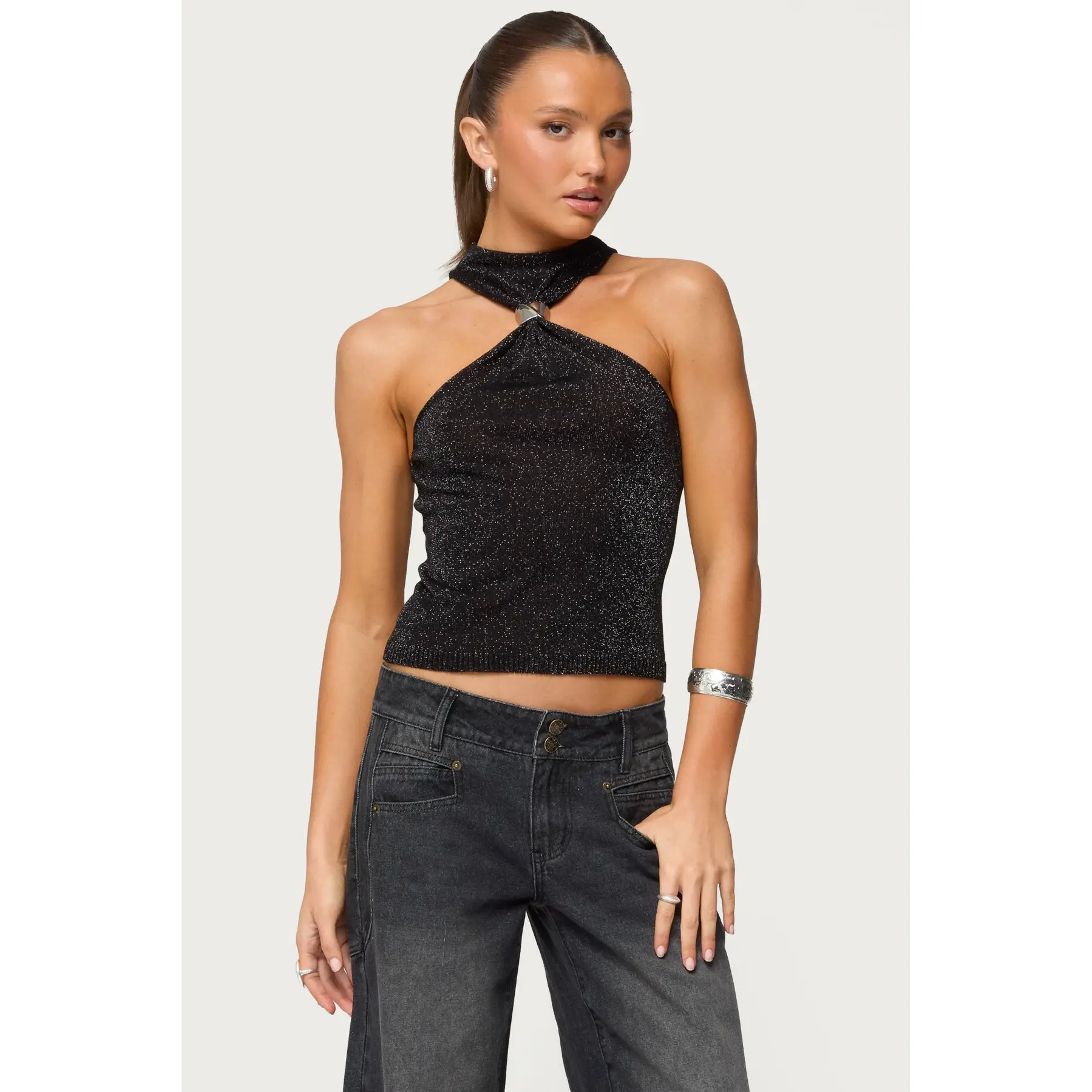 Nalia Gathered Ring Glitter Knit Top Nalia Gathered Ring Glitter Knit Top
