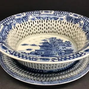 VTG 19th Century Chinese Export Blue White Porcelain Chestnut Basket & Flat Set