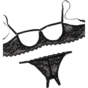 Floral lace push-up bra with hollow strappy thong — comfy and chic sleepwear for women.
