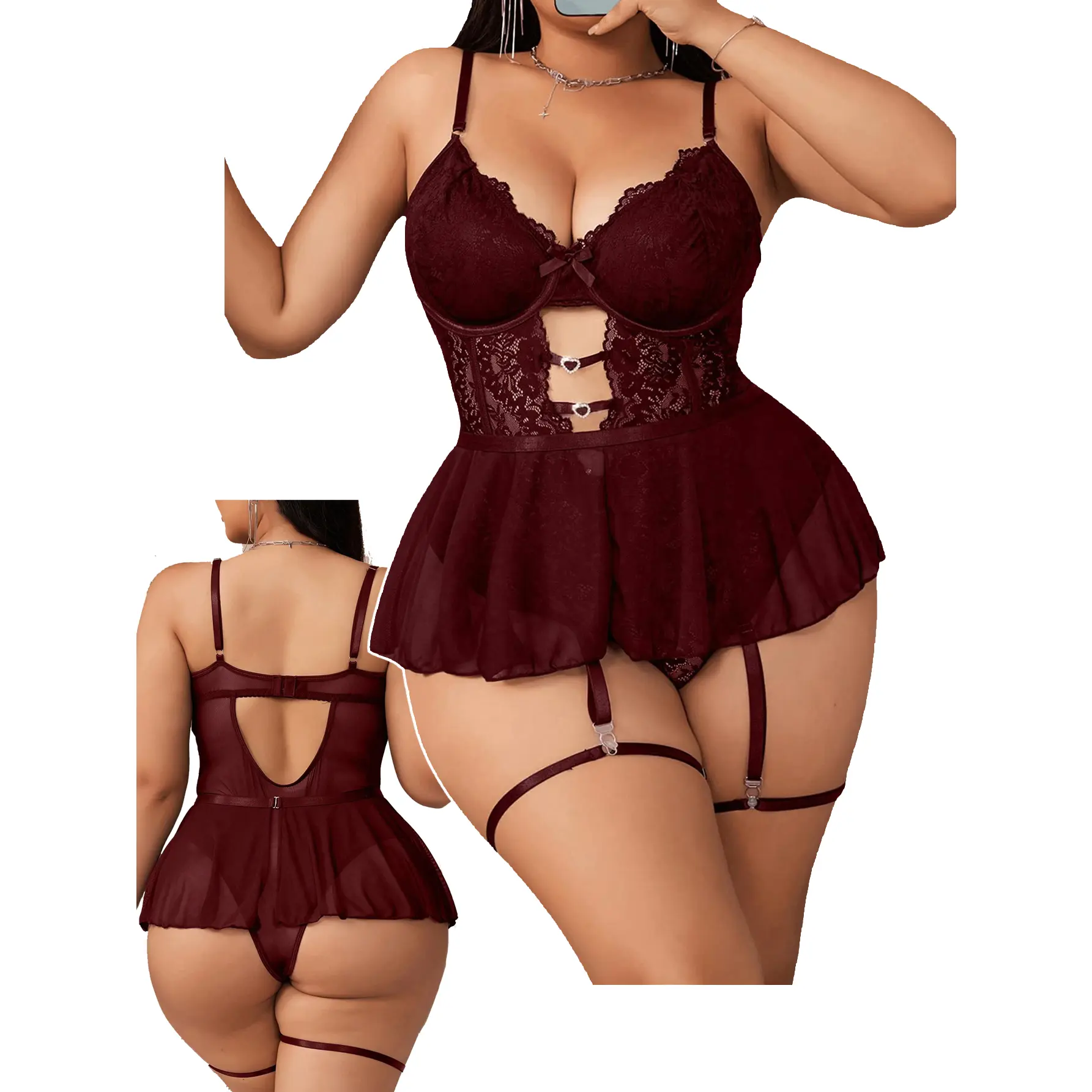 Women's Plus Size Lingerie Set 4 Piece Lace Underwire Garter Teddy Bodysuit  Nightwear with Crystals Sheer
