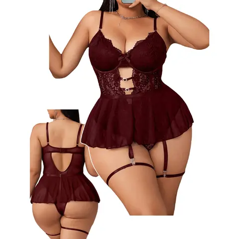 Women's Plus Size 1XL Polyester 4-Piece Basic Feminine Lingerie Set - V-Neck Floral Lace Teddy Bodysuit, Garter, Sheer Mesh Layer, Rhinestones, Underwire Support, Hand Wash for Wedding, Party, Feminine Items