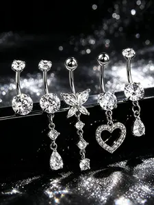 OUFER  14G 5Pcs  Heart Belly Button Rings Set, 10mm Bar with Rhinestones, Gold-Tone Body Piercing Jewelry for Fashion Accessory Enthusiasts