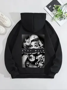 【Plus Size】 Letter & Marilyn Monroe Print Drop Shoulder Hoodie, Fashion Casual Drawstring Pocket Hooded Sweatshirt for Daily Holiday Outdoor Wear, Women Clothing for Fall & Winter