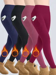 4PCSWomen's High Waist Fleece Lined Yoga Pants with, Winter Sportswear Ski Leggings, Solid Sports Leggings, Tight Fit Abdominal Control Bottoms for Fitness Outdoor Activities, Soft and Comfortable