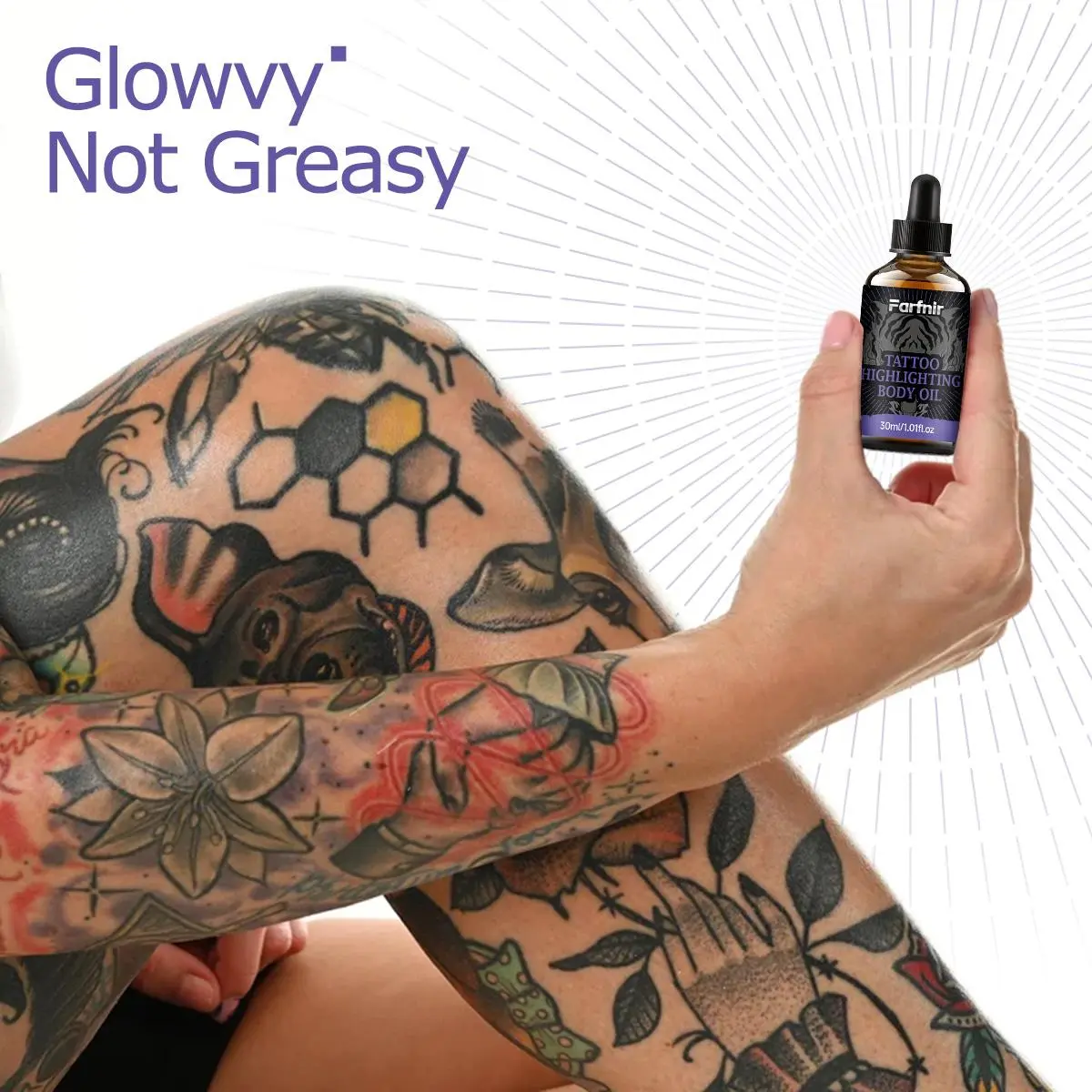 Tattoo Highlighting Body Oil, Lightweight Body Care Oil with Luminous Glow Finish, Fast Absorbing Non Greasy Formula for Tattooed Skin, Enhances Tattoo Appearance and Skin Shine, Smooth Moisturizing Body Oil for Arms Legs Shoulders and Daily Beauty Care M