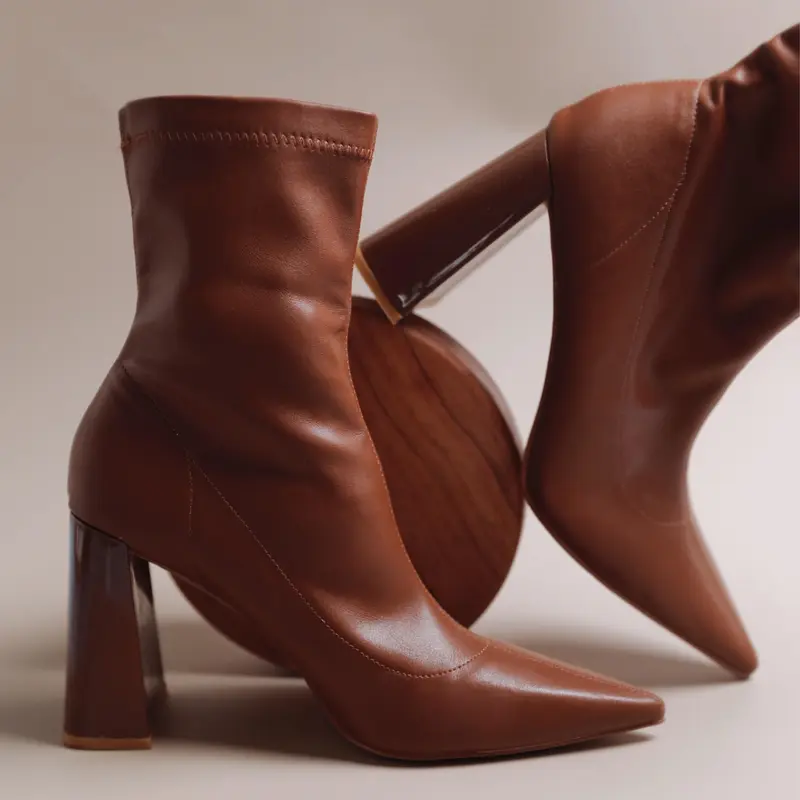Belovely Women's Pointed Toe Chunky Heel Ankle Boots - Moden-1 | Fall Style Shoes for Corporate OOTD & Everyday Comfort - Brown Leather Booties - Girl