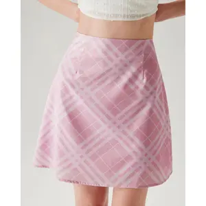 Rihoas Women's Preppy Pink Plaid High-Waisted 100% Polyester A-Line Mini Skirt - Soft Fabric Bottom with Zipper, Everyday 1-Piece Women's Bottom, Mini Skirts