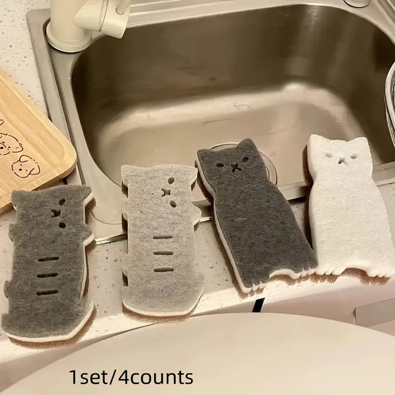 4-Piece Cute Cat Sponge Set, Durable Kitchen Cleaning Tools, Thick Silicone Sponges for Oil Removal, Home Cooking Accessories