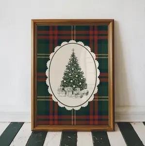 Plaid Christmas Tree Decor, Printable Christmas Wall Art, Vintage Style Holiday Tree Print, Poster For Wall Art & Decor
