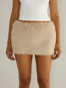 Women's Sexy Faux Fur Zipper Low Waist Short Skirt, Hip Hugging Skirt, Slim Fit Bodycon Dress for Fall & Winter, Plain Color Versatile Fashion