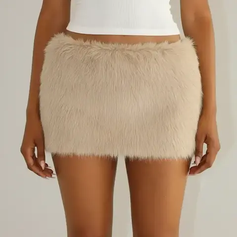 Women's Sexy Faux Fur Zipper Low Waist Short Skirt, Hip Hugging Skirt, Slim Fitting Skirt, Slim Fit Bodycon Dress for Fall & Winter, Plain Color Versatile Fashion