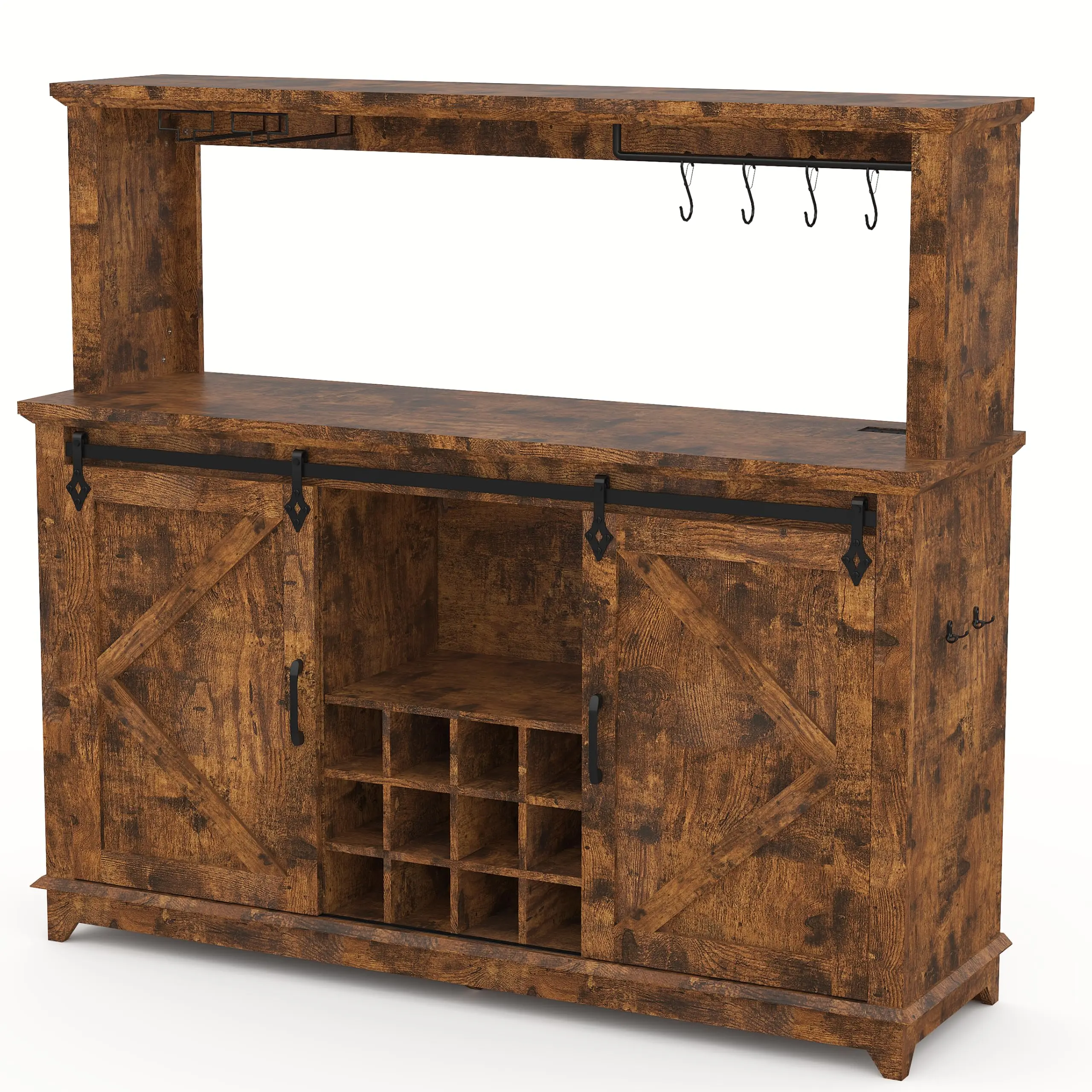 55" Farmhouse Coffee Bar Cabinet, Large Kitchen Hutch with Sliding Barn Door, Power Outlet, LED Light, Drawers and 12-Bottle Wine Rack, Storage Furniture for Dining Room