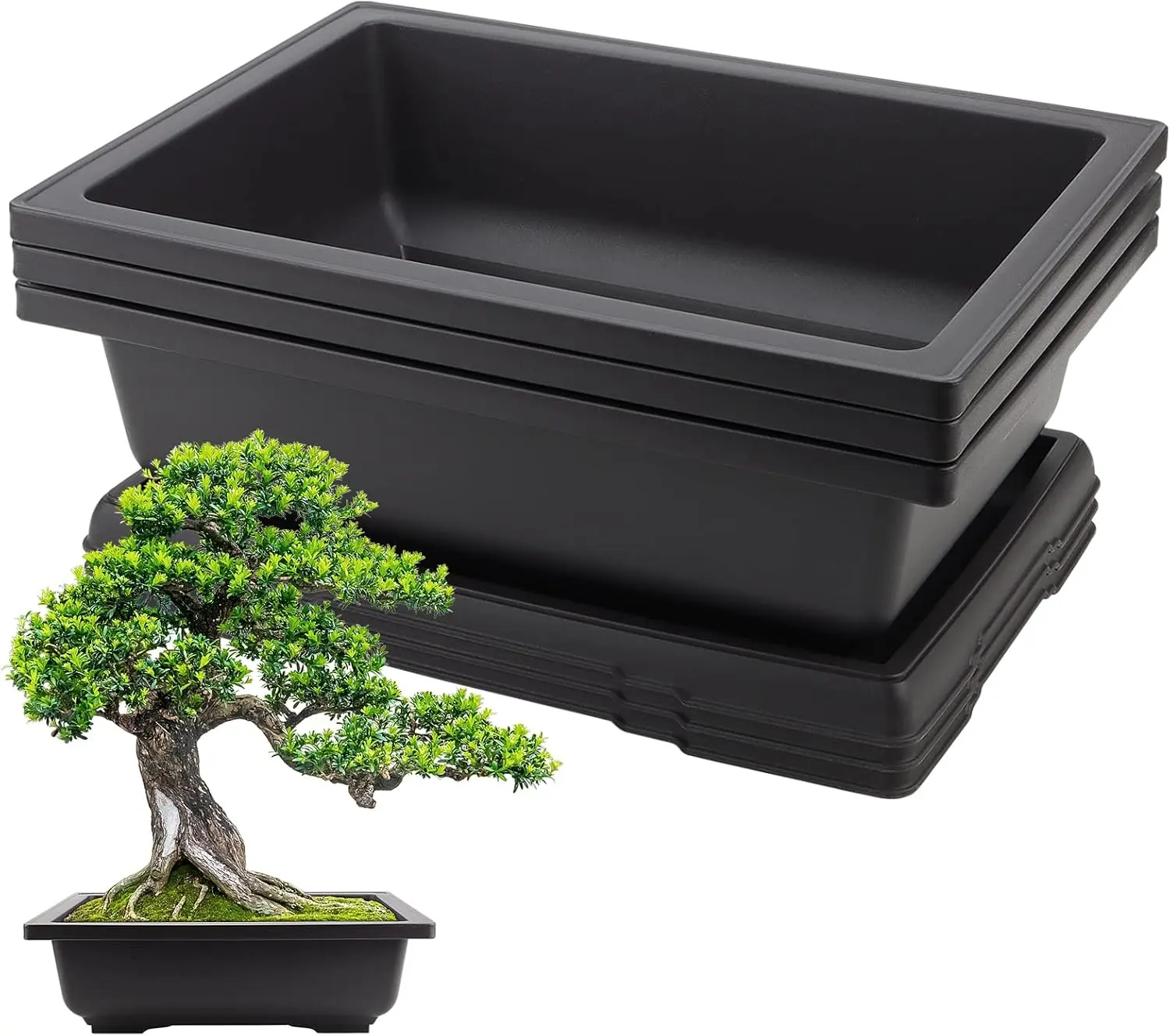 3 Pack 14 Inch Large Bonsai Pots, Rectangular Built in Mesh Plastic Bonsai  Pots with Trays,  Flower Tree Growing Bonsai Planter for Garden Supplies, Yard, Office, Room, Balcony