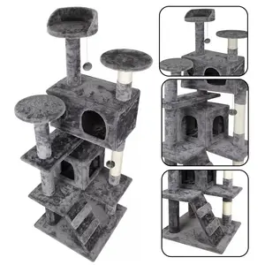 53" Sturdy Cat Tree Tower Kitty Multilevel w/Padded Viewing Perch High Quality Multi-Level Large Cat Tree for Large Kitties/Big Cat Tower with Condo/Cozy Plush ‌Pussycat Perches/Sisal Scratching Posts and Hammocks/Activity Center/Grey
