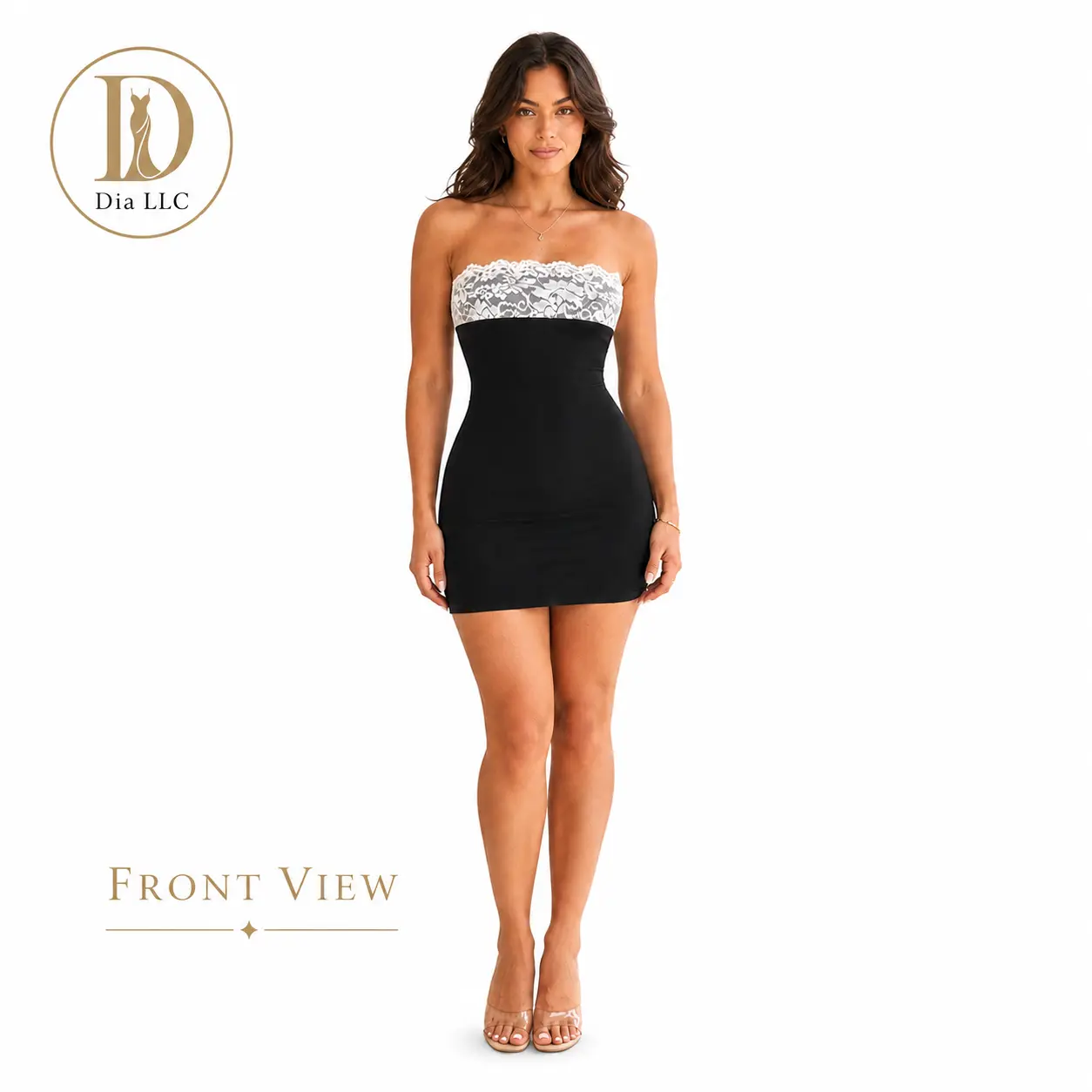 Dia LLC Women's Strapless Lace Mini Dress, Black and White Bodycon Party Dress for Date Night, Dinner and Going Out Fabric Formal