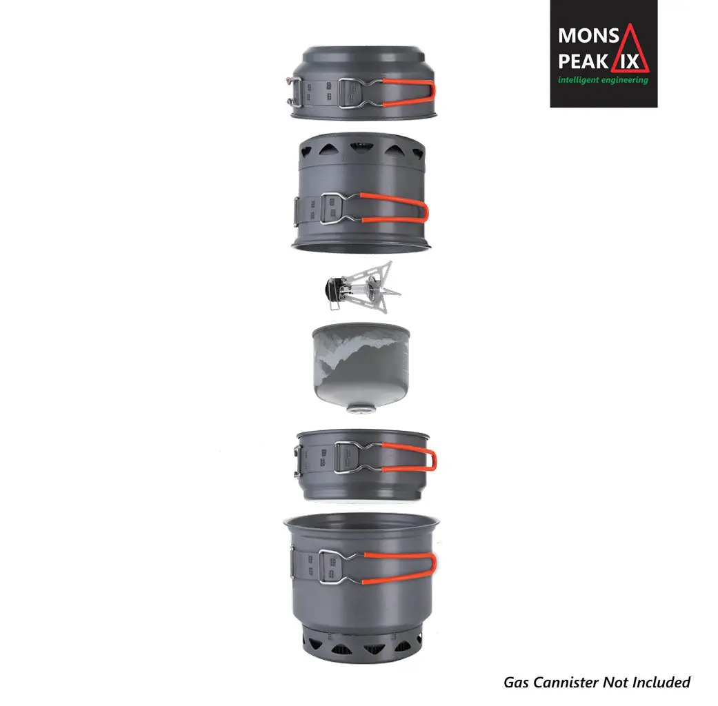 Mons Peak IX Trail 123 HE UL Cook Set with Stove - Ultra-Light, High Efficiency, Breeze Resistant for Backpacking & Camping