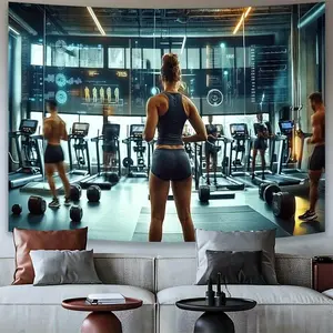 1pc Modern Polyester Fitness Gym Wall Mural - Artistic Print, No Power Needed, Workout Machines, Inspirational Graphics, Indoors Room Decoration, White Textile Gym Accessory Wall Art