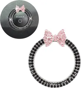 Pink Bow Car Accessories Push Start Button Rhinestone Ring Engine Start Button Ring Bling Girly Start Stop Button Car Decor Black Ignition Ring Car...