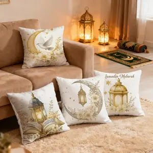 4-Piece Crescent Lantern Tea Pot Pattern Ramadan Decoration Pillow Covers, 45x45cm, Hidden Zipper, Indoor Outdoor Decor