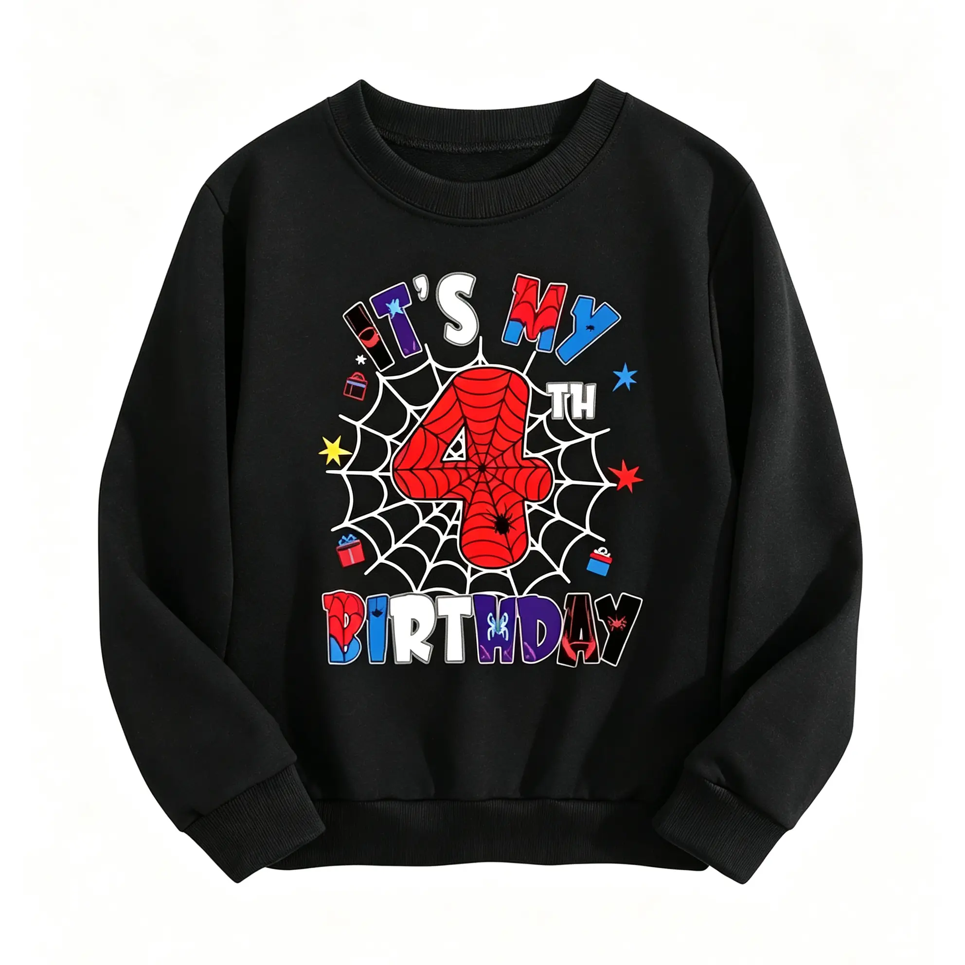 It's My 4th Birthday Web Element Graphic Sweatshirt, Colorful Birthday Celebration Print Crew Neck Pullover, Casual Long Sleeve Party Outfit