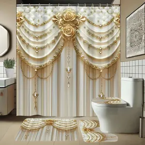 Elegant Bathroom Set with Decorative Patterns, Includes Soft Shower Curtain, Mat, and Toilet Seat Cover, 1/4 Piece Bath Ensemble, Shower Curtain Sets