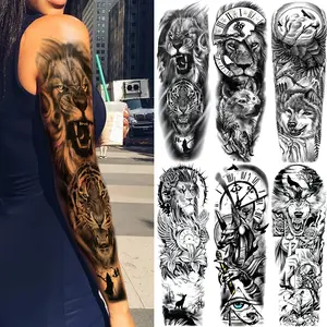 6 Pcs Full Arm Temporary Tattoo Stickers, Waterproof Realistic Lion Wolf Clock Judge God Design, Body Art for Men Women, Party Gifts, Temporary Tattoo Kit